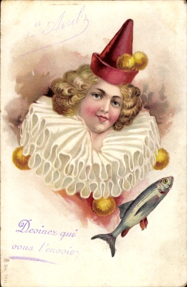 Litho 1. April, Frau im Kostüm, Fisch