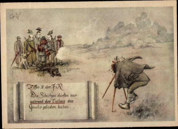 Artist Postcard Geilfus, The shooters are only allowed to have the rifle loaded while driving, photographer