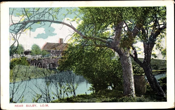 Sulby, Isle of Man, section of a village with a stream