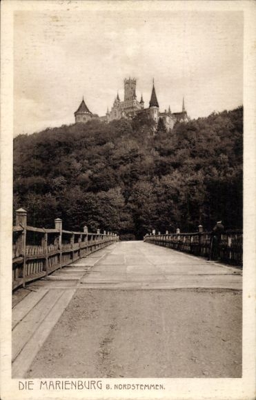 Postcard Nordstemmen in Lower Saxony, The Marienburg, forest, bridge, black and white photo