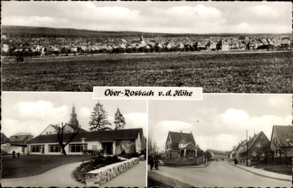 Postcard Ober Rosbach vor der Höhe Hessen, panoramic view of Ober-Rosbach, church, country road
