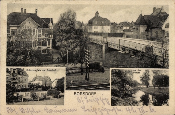 Postcard Borsdorf in Saxony, Schmuckplatz am Babo, An der Parthe, bridge, trees