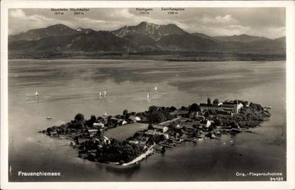 Postcard Frauenchiemsee Fraueninsel Chiemsee Upper Bavaria, aerial view mountains in the background, sailing boats