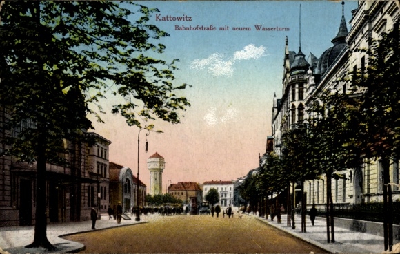 Postcard Katowice Katowice Upper Silesia, Bahnhofstrasse, New Water Tower