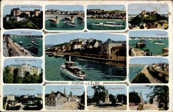 Ak Pirna an der Elbe, Verschiedene Ansichten von  Elbbrücke, Friedenspark, Bahnhofstraße