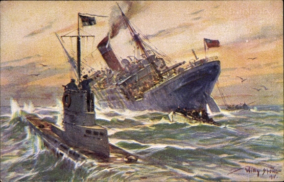 Artist PC Stöwer, Willy, Destruction of an English merchant steamer by a German U-boat