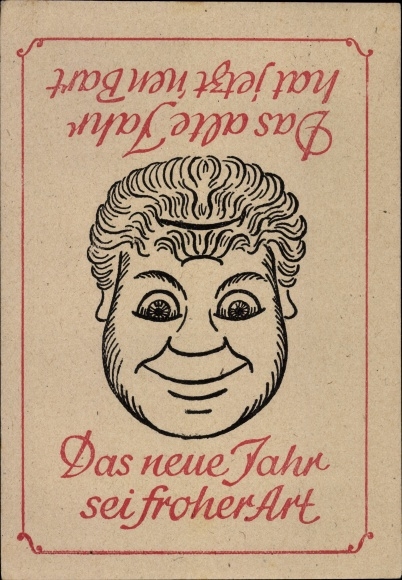 Vexier Postcard Happy New Year, man with two faces