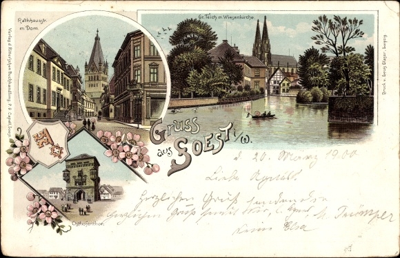 Litho Soest NRW, Rathausstraße mit Dom, Großer Teich mit Wiesenkirche, Osthofentor