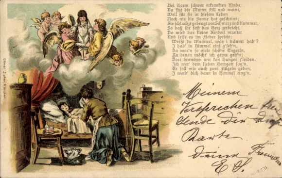 Chromo-Litho Angels watch over sick child, mother at bedside, guardian angel