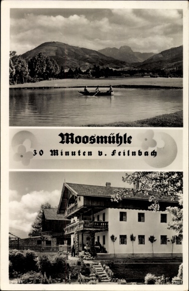 Postcard Moosmühle Bad Feilnbach in the district of Rosenheim, Upper Bavaria, rowing boat, inn