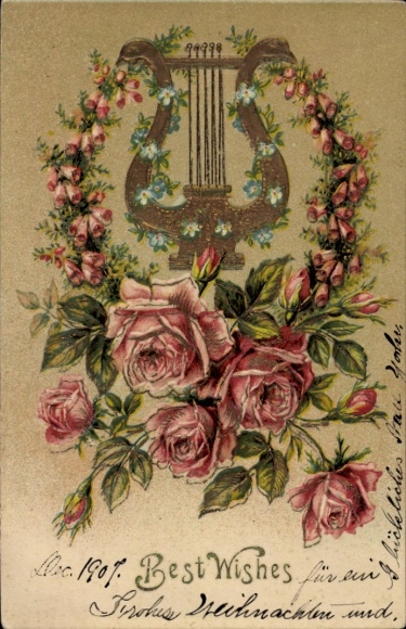 Embossed PC congratulations, roses, musical instrument