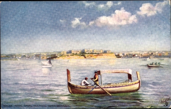 Artist Postcard Malta, Royal Naval Hospital with Dghaisa