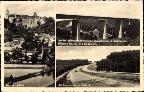 Postcard Nossen, view of the town and the castle, motorway bridge, Zellwald motorway