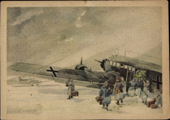 Künstler Ak Brauner, Dt. Luftwaffe, Junkers Ju 52 3/m Transportflugzeug, Weihnachtsgaben, Russland