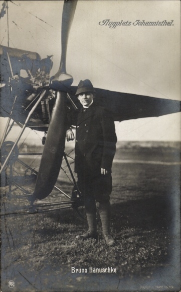 Ak Berlin Treptow Johannisthal, Flugplatz, Pilot Bruno Hanuschke, Flugzeug, Sanke