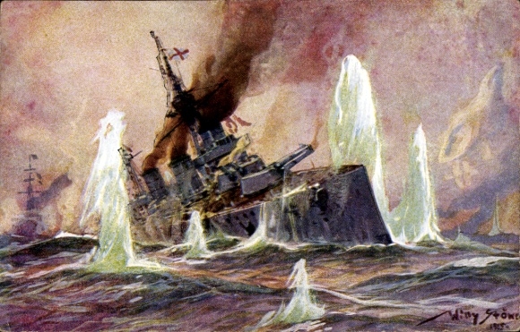 Artist Postcard Stöwer, Willy, Naval Battle North Sea 1915, English Battlecruiser, German Cruisers