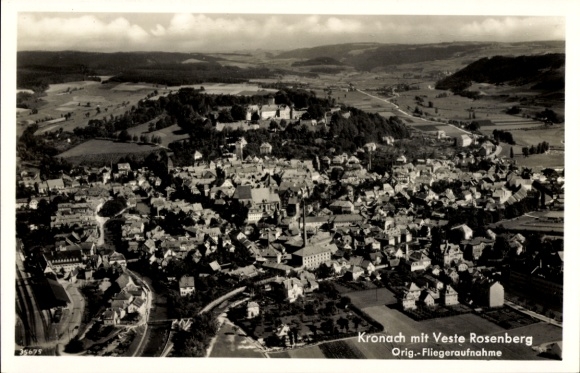 Postcard Kronach in the Franconian Forest Bavaria, general view with Rosenberg Fortress, aerial photograph