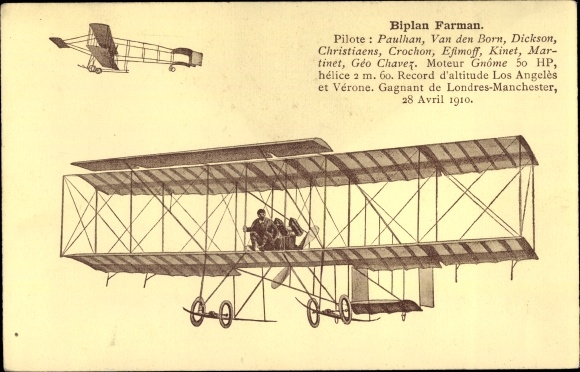 Postcard Biplan Farman, Motor Gnome, Flugpioniere, Pilot Paulhan, Van den Born, Dickson, Crochon