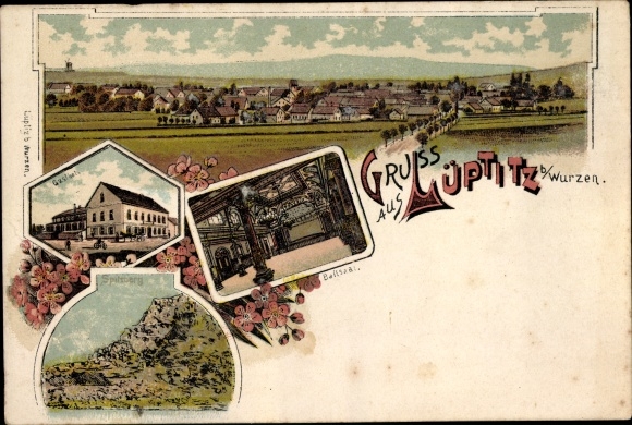 litho Lüptitz Lossatal Sachsen, herberg, balzaal, steengroeve, totaaloverzicht