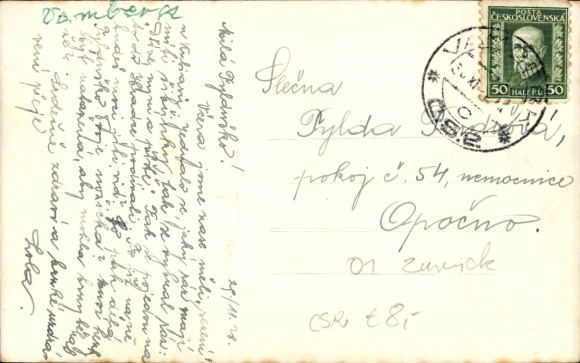 Postcard Tomáš Garrigue Masaryk, President of Czechoslovakia, town square, buildings, trees, l...