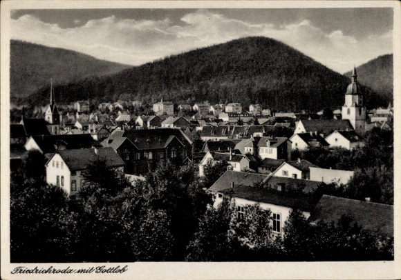 Postcard Friedrichroda in the Thuringian Forest, town view from hill in the background, row of houses