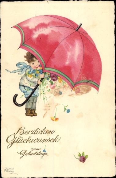 Kunstenaar Ak Petersen, Hannes, Happy Birthday, Jongen met bloemen, Paraplu