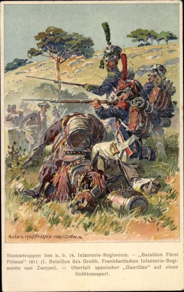 Postwaardestukken Kunstenaar litho Hoffmann, Anton, KB 14. Inf. Regt. Hartmann, eeuwfeest 1914