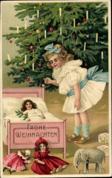 Postcard Congratulations Christmas, Christmas tree, child, dolls