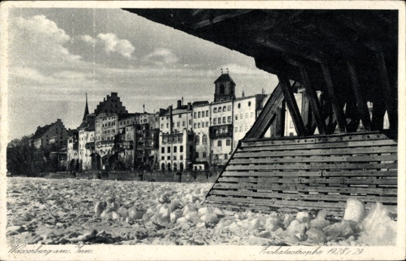 Postcard Wasserburg am Inn in Upper Bavaria, ice catastrophe 1928-1929