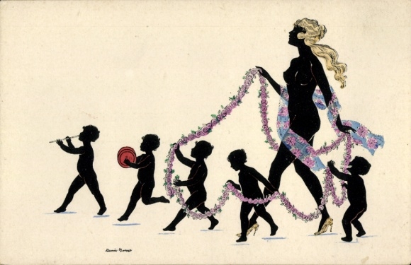 Artist Postcard Grosze M., silhouette, flower ribbon, children