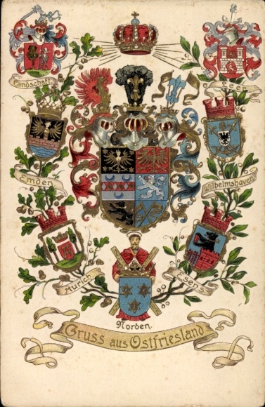 Coat of arms Postcard Greetings from East Frisia, landscape, Emden, Aurich, Norden, Esens, Wilhelmshaven, Leer