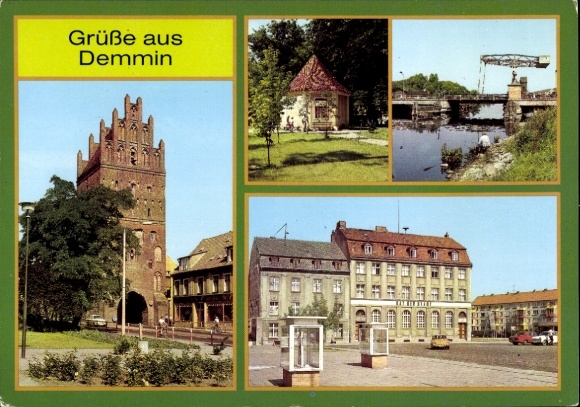 Ak Demmin in West-Pommeren, Jeugdherberg Luisentor, Stadhuis, Ophaalbrug Peene, Kleine Galerij