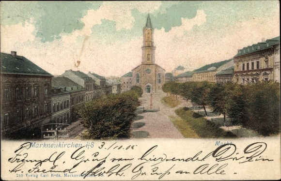 Postcard Markneukirchen im Vogtland, market square, church