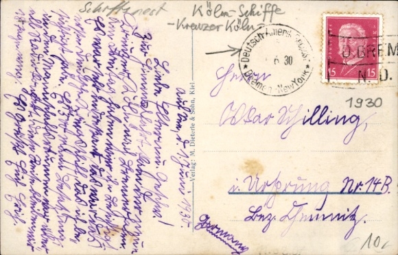 Passepartout Postcard Congratulations Pentecost, German Warship, Cologne, Cruiser