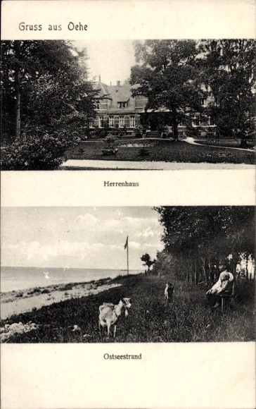 Ak Oehe Schleimünde Maasholm in Sleeswijk-Holstein, herenhuis, strand aan de Oostzee