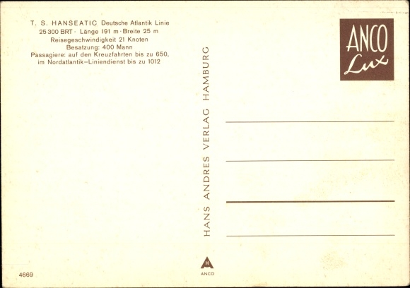 Postcard ferry TS Hanseatic, German Atlantic Line