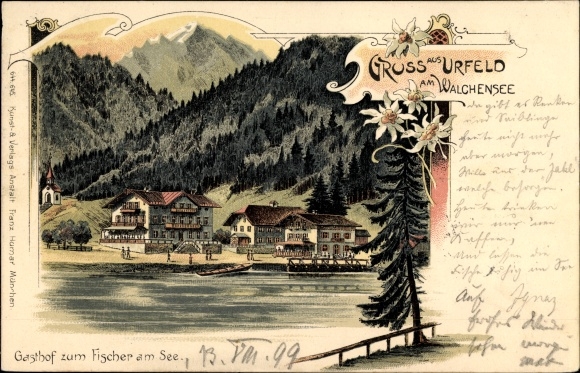 Chromo-Litho Urfeld Kochel am See Upper Bavaria, Gasthof zum Fischer am See