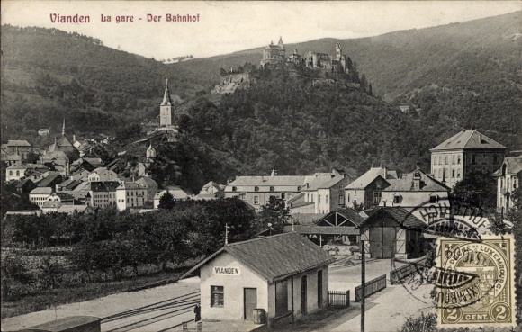 Postcard Vianden Luxembourg, train station, city view