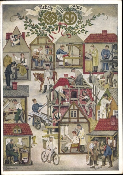 Künstler Ak Reichshandwerkertag 1936, Arbeit und Ehre, Friseur, Bäcker, Töpfer, Schornsteinfeger
