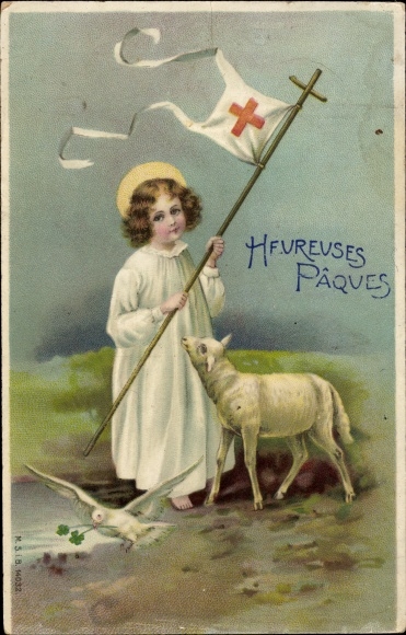 Postcard Happy Easter, girl, cross, lamb