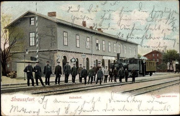 PC Straußfurt in Thuringia, train station track side, steam locomotive, men