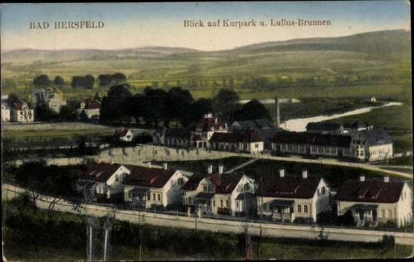 Postcard Bad Hersfeld Hessen, view of the spa park and Lullus fountain