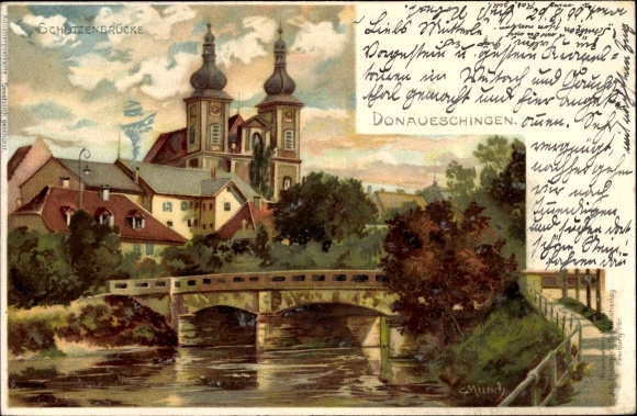 Artist Chromo-Litho Münch, C., Donaueschingen in the Black Forest Baar district, Schützenbrücke