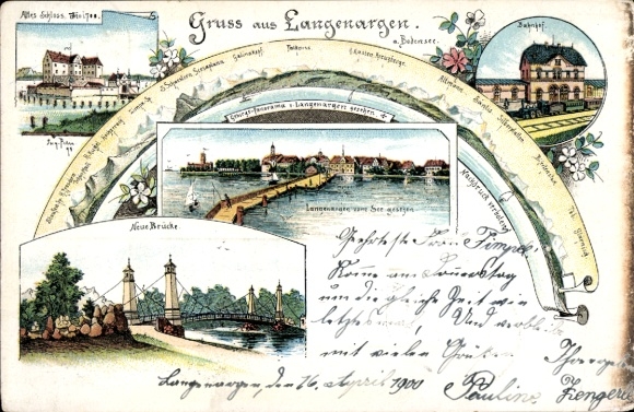 lito Langenargen nad Jeziorem Bodeńskim, dworzec kolejowy, tory kolejowe, zamek, nowy most, panorama Alp