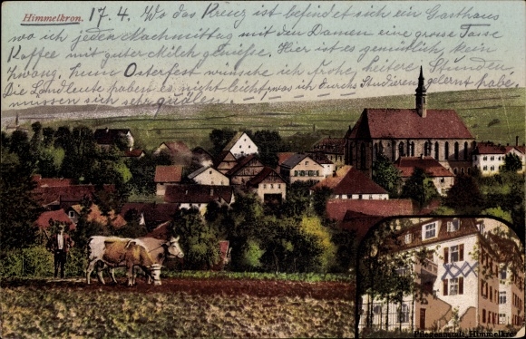 Ansichtkaart Himmelkron in Opper-Franken, totaaloverzicht van het dorp, vee, kerk, verpleeghuis