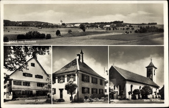 Postcard Vogt im Allgäu Oberschwaben Württemberg, Panorama, Gasthof Adler, Catholic vicarage, church