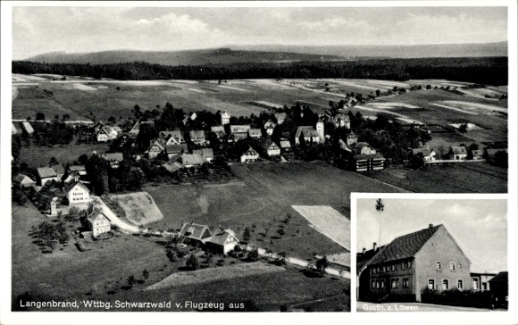 Postcard Schömberg Loßburg in the Black Forest, aerial view of Langenbrand, Gasthaus zum Löwen, landscape