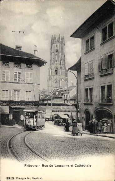 Postcard Fribourg Freiburg city Switzerland, Lausanne street, cathedral, tram