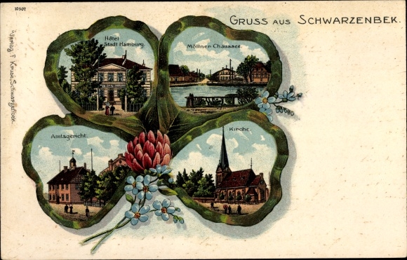 Kleeblatt litho Schwarzenbek in Lauenburg, Möllner Chaussee, kerk, Hotel Stadt Hamburg, rechtbank
