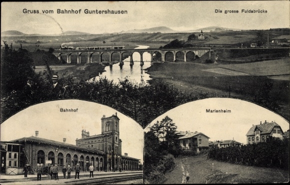 Postcard Guntershausen Baunatal in the district of Kassel, Fulda bridge, train station, Marienheim